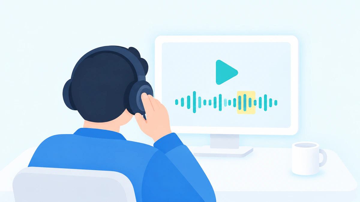 できあがった動画の音声をヘッドホンで聞いて確かめる様子