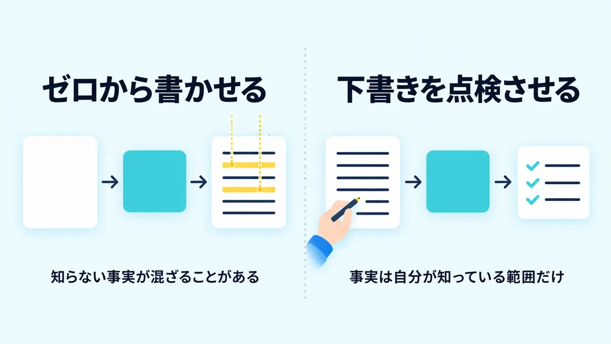 ゼロから書かせる場合と、人の下書きを出す前に点検させる場合を並べた図